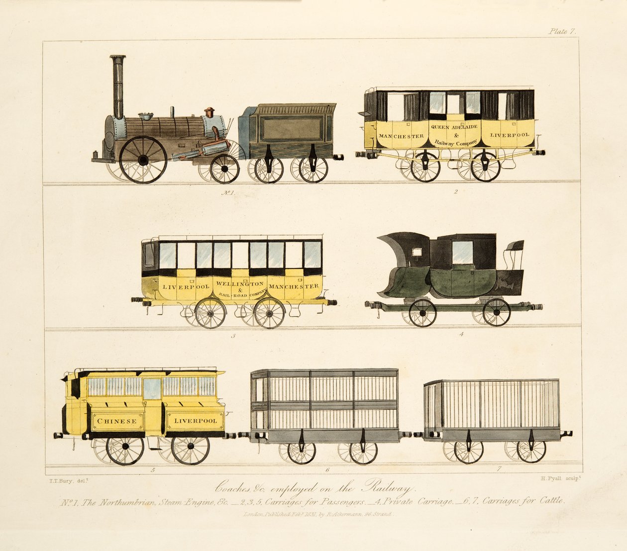 Rutevogner etc. ansatt på Jernbanen, 1831 (håndfarget gravering) av Thomas Talbot Bury