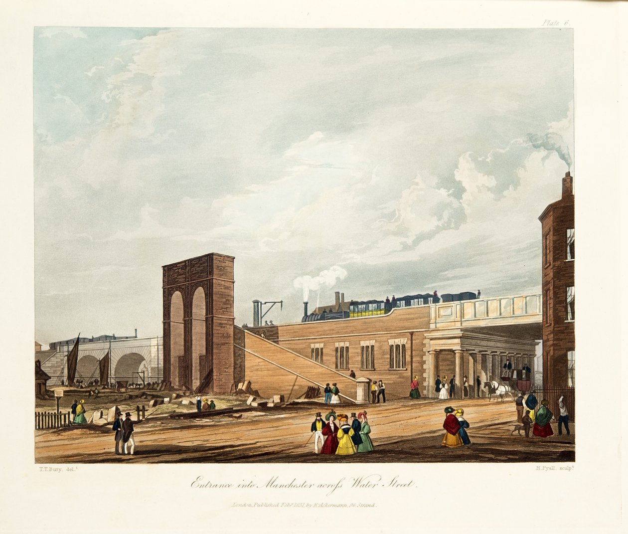 Inngang til Manchester Across Water Street, 1831 (håndfarget gravering) av Thomas Talbot Bury