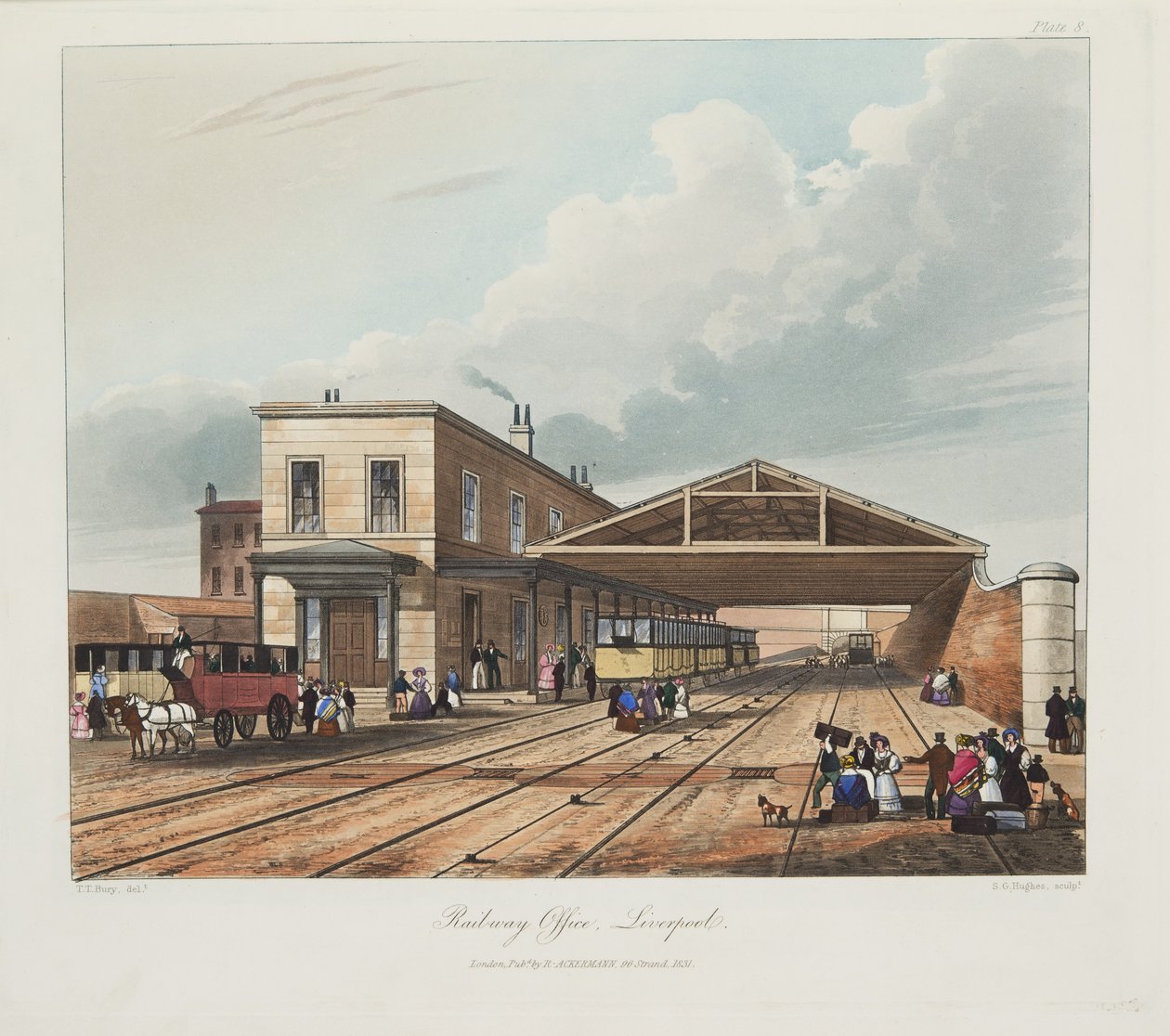 Jernbanekontor, Liverpool, 1831 (håndfarget gravering) av Thomas Talbot Bury