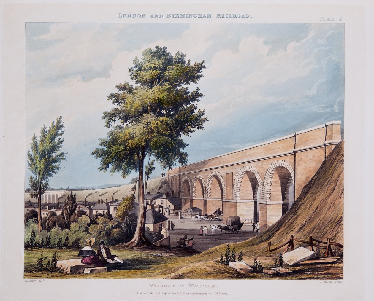 Viadukt ved Watford, 1837 (håndfarget gravering) av Thomas Talbot Bury