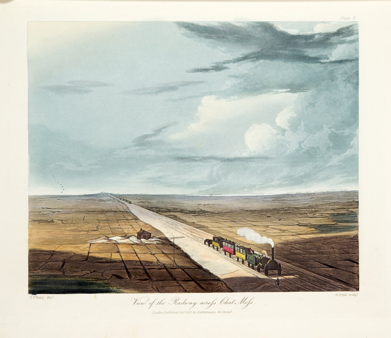 Utsikt over jernbanen over Chat Moss, 1831 (håndfarget gravering) av Thomas Talbot Bury