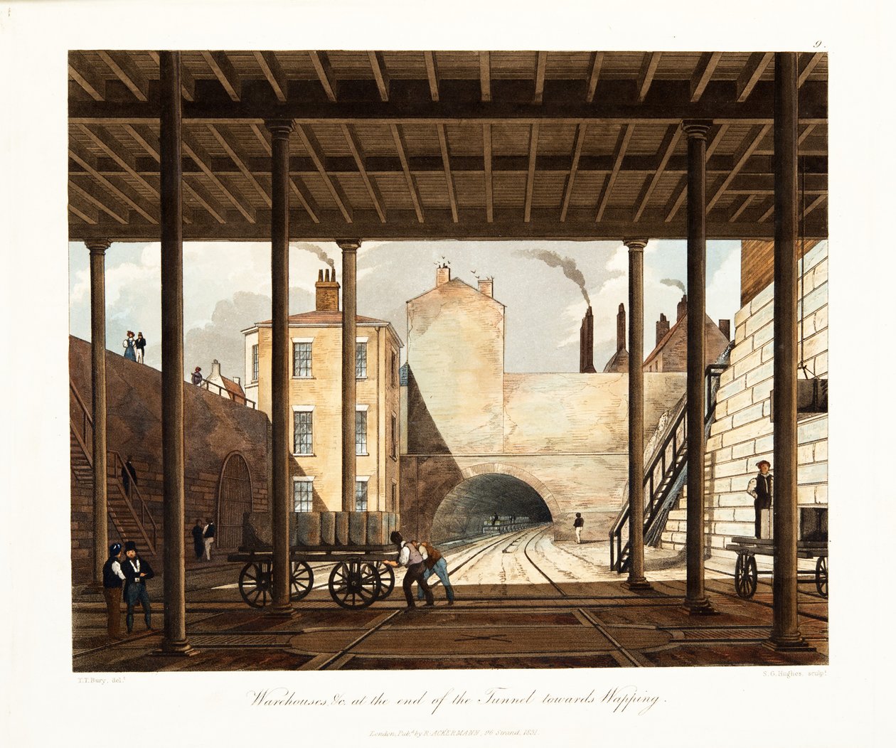 Varehus etc i enden av tunnelen mot Wapping, utgitt 1831 (håndfarget gravering) av Thomas Talbot Bury