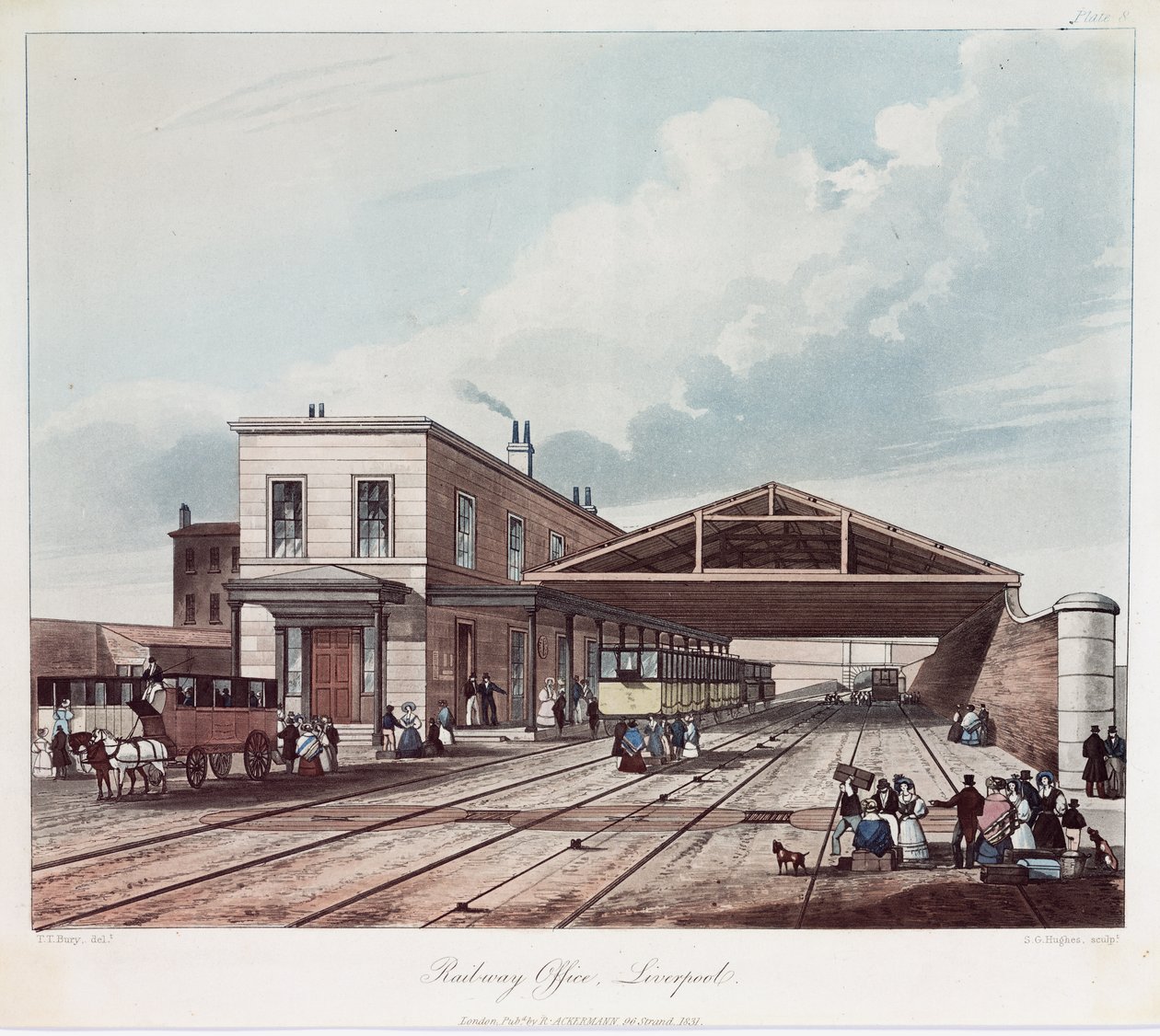 Jernbanekontoret, Liverpool, gravert av S.G. Hughes, 1831 (farget akvatint) av Thomas Talbot after Bury