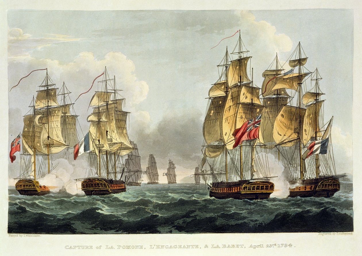 Fangst av La Pomone, L'Engageante og La Babet, 23. april 1794, gravert av Thomas Sutherland for J. Jenkins 'Naval Achievements', 1816 (fargegravering) av Thomas Whitcombe