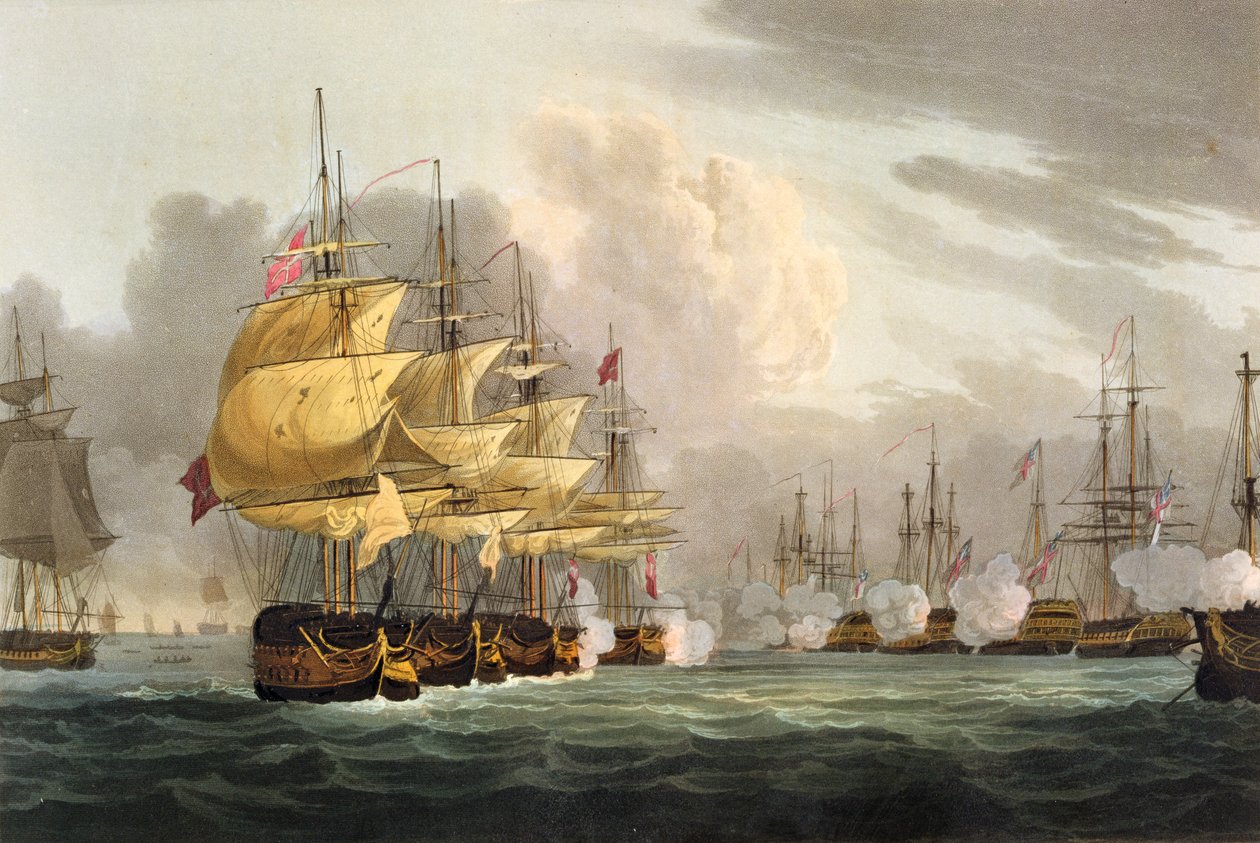 Ødeleggelsen av den danske flåten før København, 2. april 1801, gravert av Bailey for J. Jenkins 