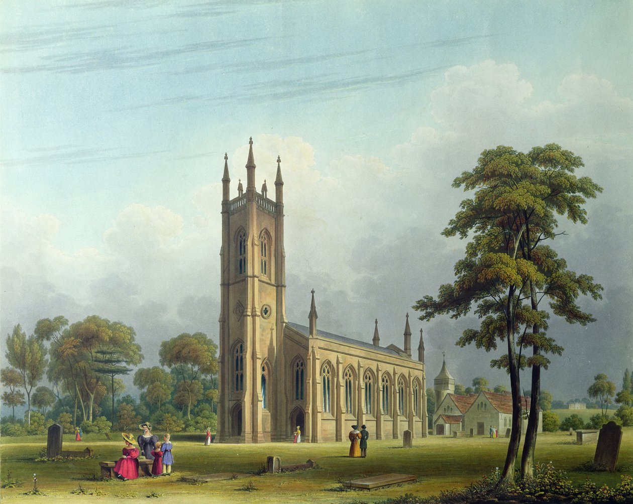 Sør-vest utsikt over kirken St. Nicholas, Nedre Tooting av Thomas Witlam Atkinson