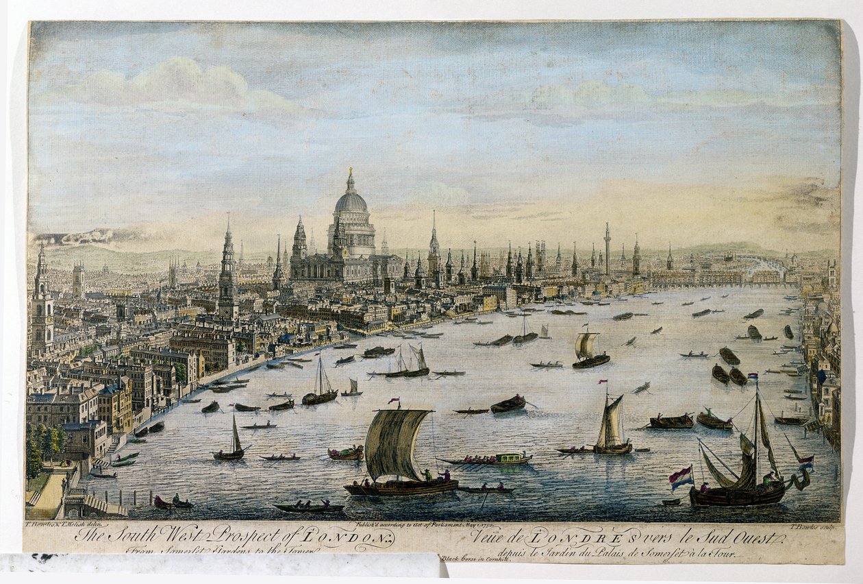 The South-West Prospect of London fra Somerset Gardens, gravert av Thomas Bowles, publisert 1. mai 1750 av Thomas Bowles