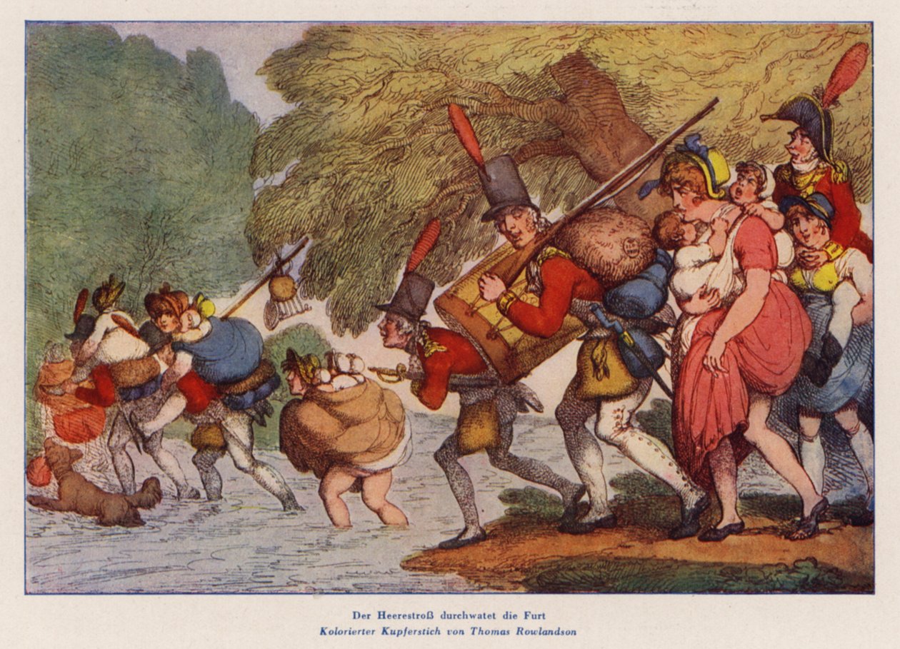 Soldater på mars (farget gravering) av Thomas (after) Rowlandson