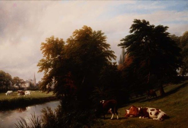Storfe beiter ved en elv av Thomas Baker