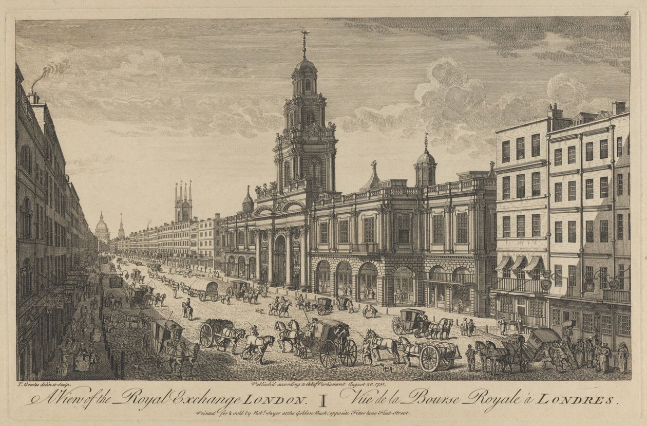 Utsikt over Royal Exchange London, 1751 av Thomas Bowles