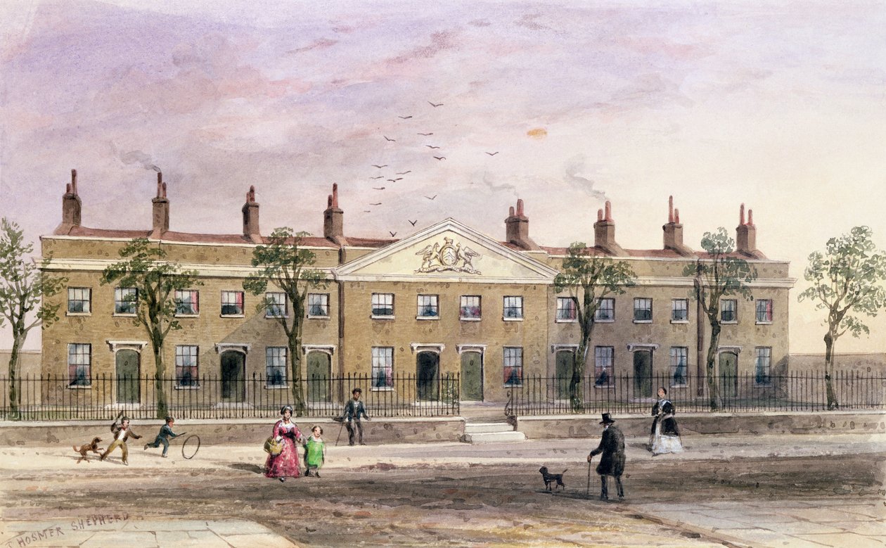 Clothworkers Almshouses i Frog Lane av Thomas Hosmer Shepherd