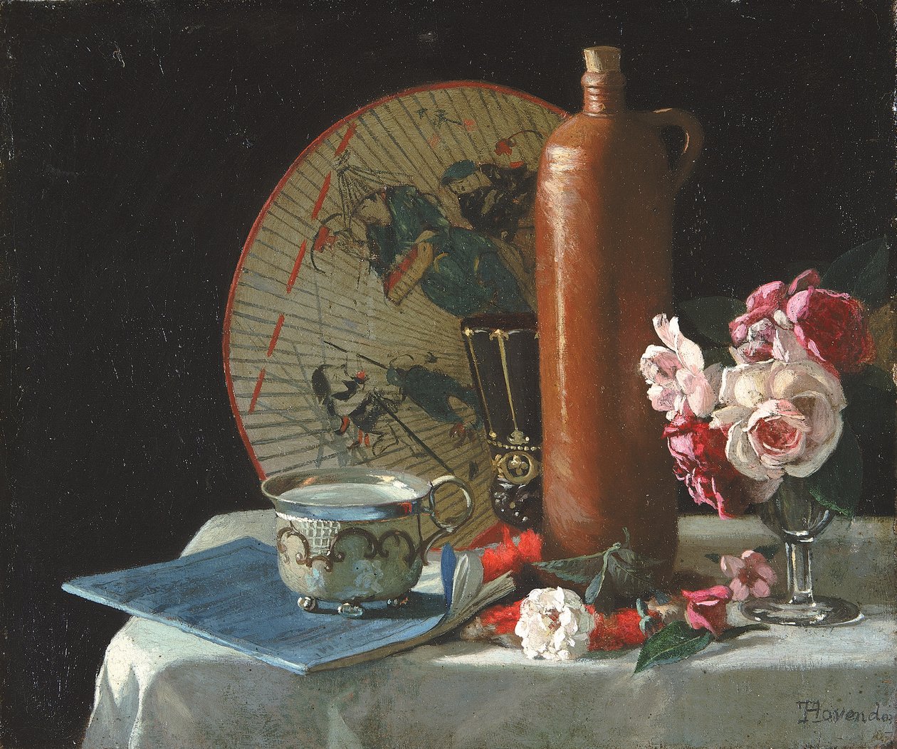Stilleben med vifte og roser, 1874. av Thomas Hovenden