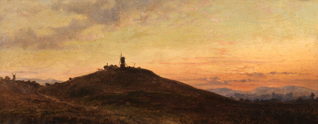 Vindmølle ved solnedgang (olje om bord) av Thomas Jr. Whittle