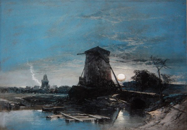 Et månebelyst nederlandsk landskap av Thomas Leeson the Elder Rowbotham