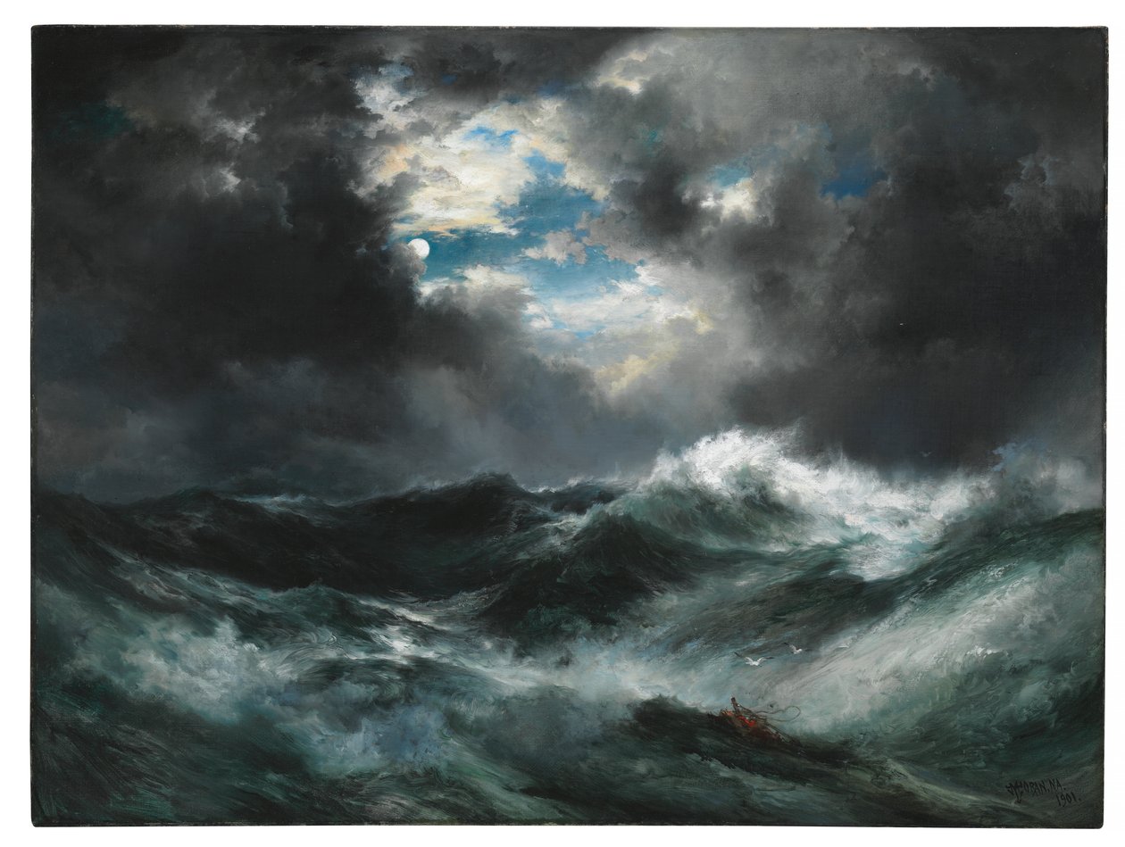 Månebelyst skipsvrak til sjøs av Thomas Moran