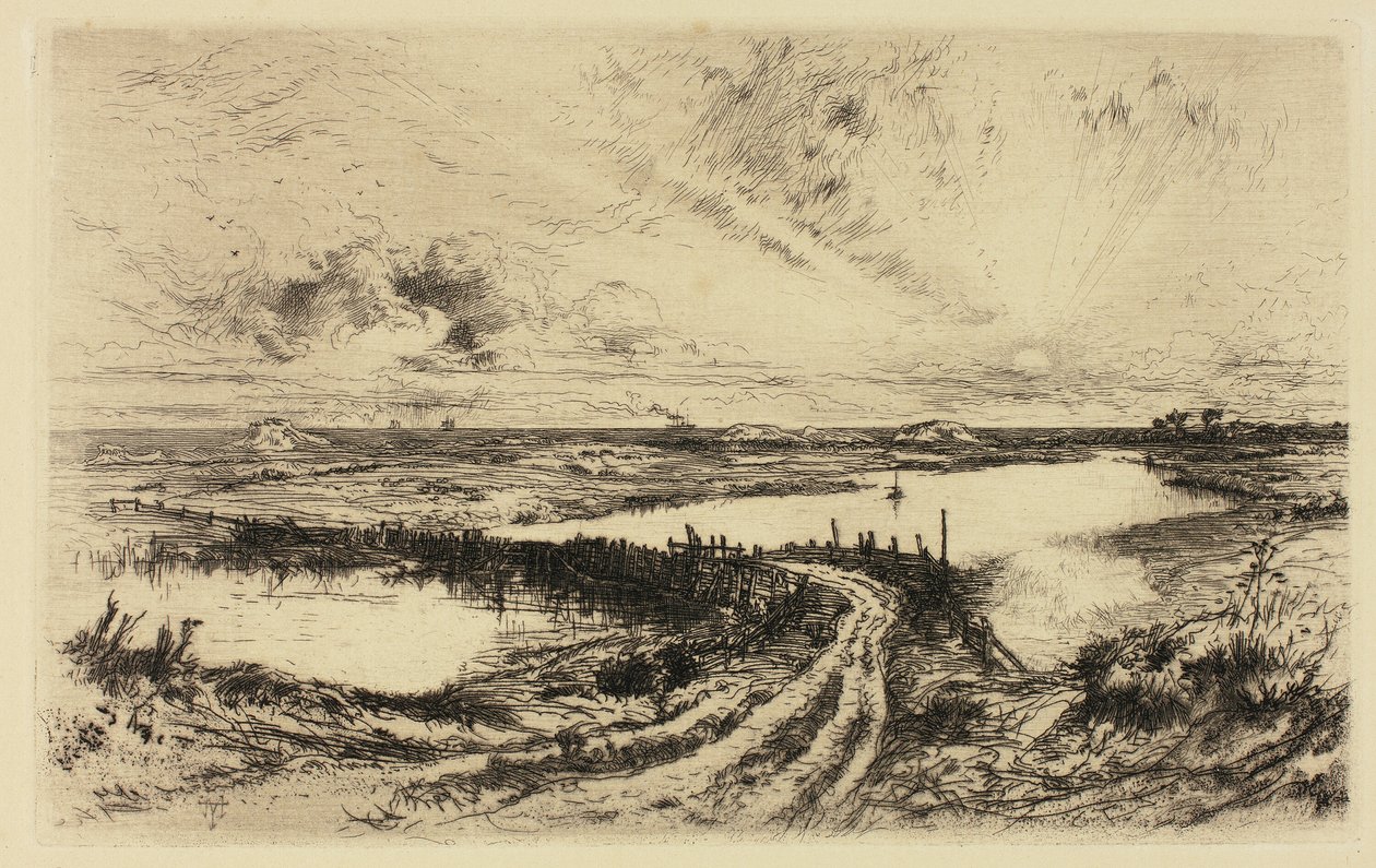 Soloppgang—The Pond, East Hampton av Thomas Moran