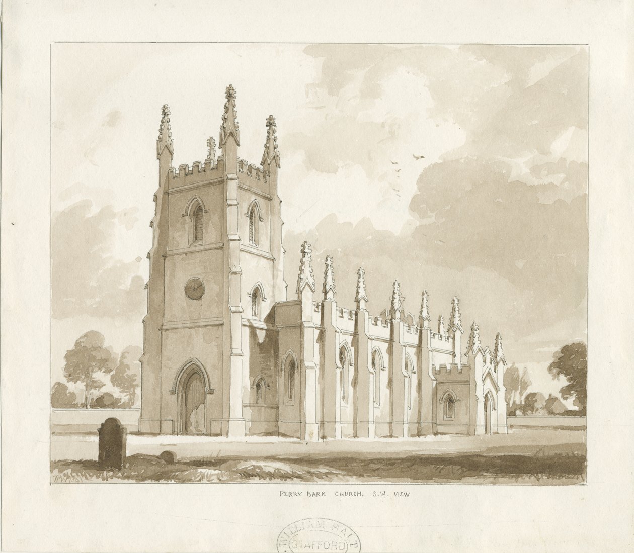 Perry Barr Church: sepia vask tegning av Thomas Peploe Wood