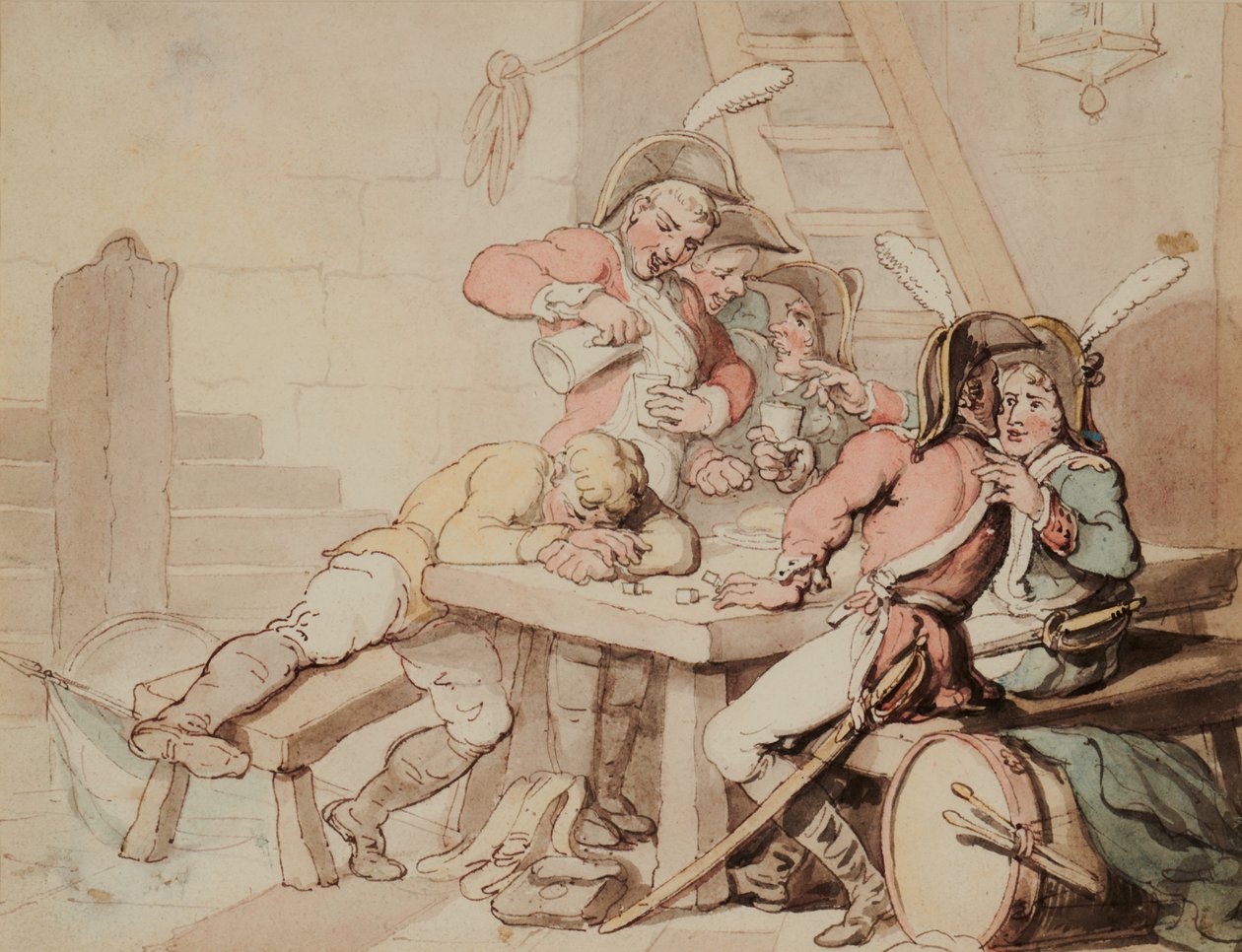 Soldater karerer seg i en kjeller av Thomas Rowlandson