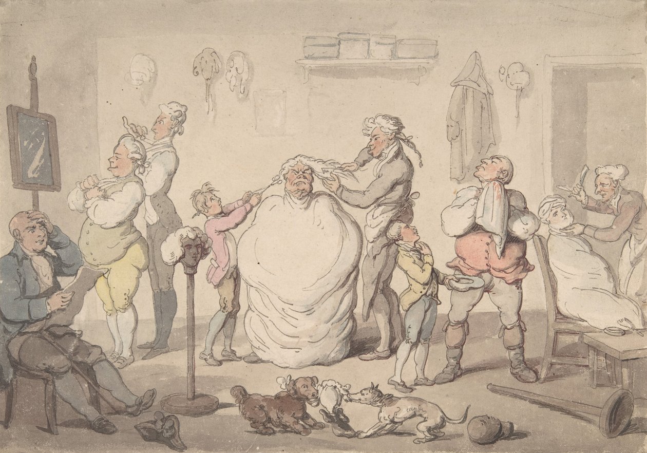 Frisørens butikk, 1785-1805. av Thomas Rowlandson