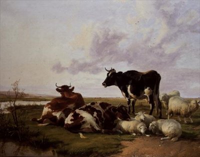 Storfe og sauer på beite av Thomas Sidney Cooper