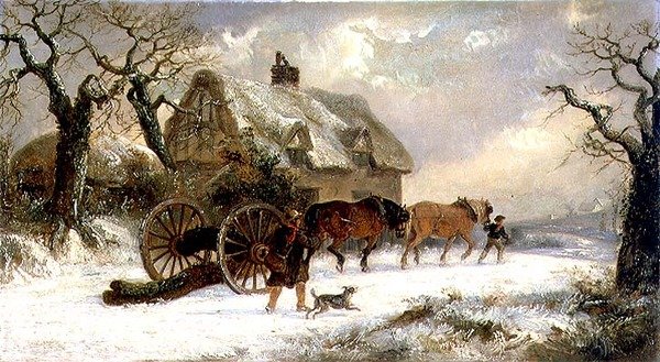 Carting Timber - Winter (olje på panel) av Thomas Smythe