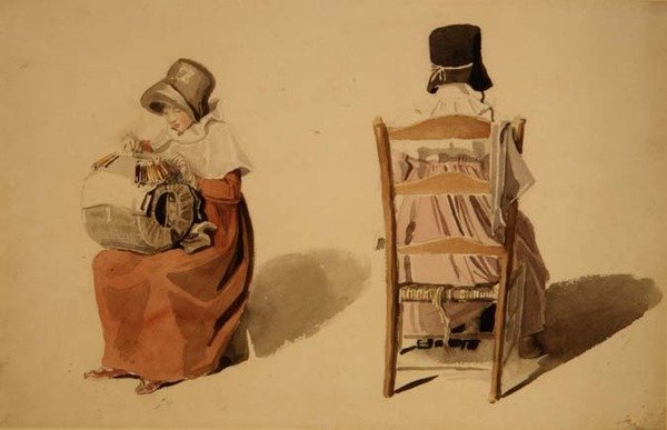 Lacemaking (akvarell) av Thomas Uwins