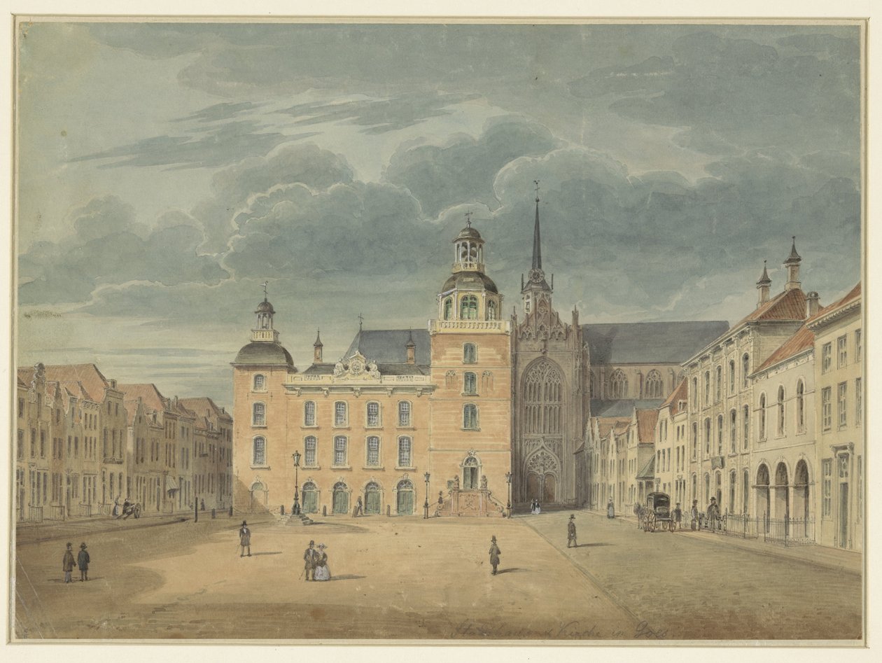 Rådhus og kirke i Goes (Zeeland) av Théophile Schuler (possibly)