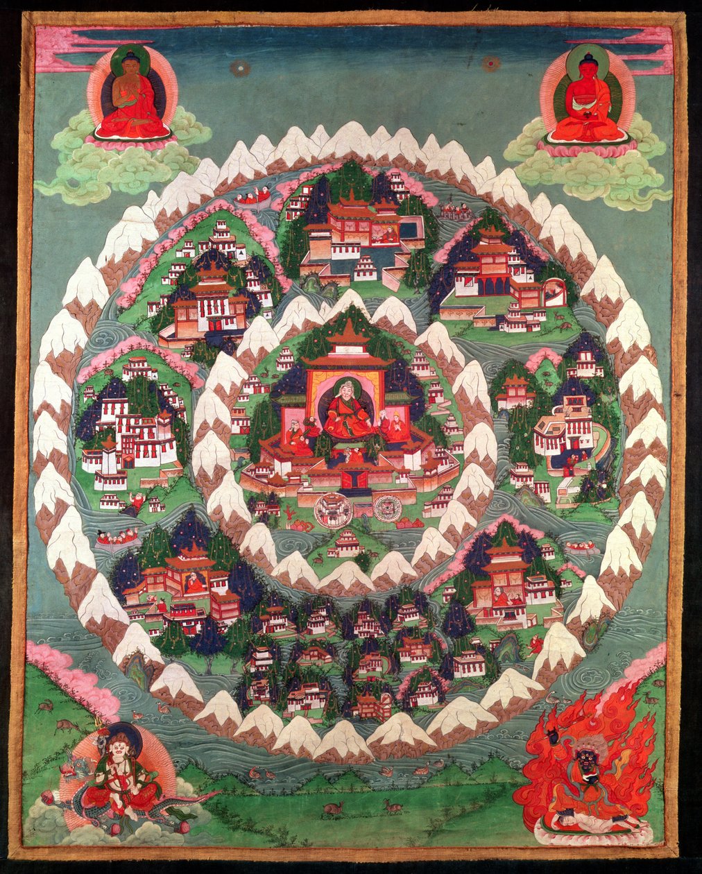 The Paradise of Shambhala, tibetansk banner (malt silke) av Tibetan School