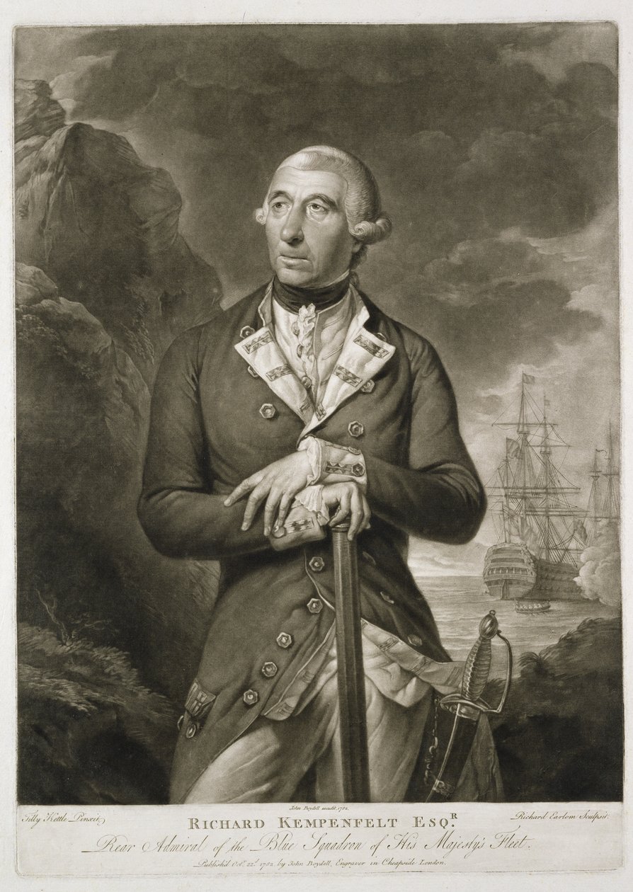 Portrett av Richard Kempenfelt (1718-82) Kontreadmiral of the Blue, gravert av Richard Earlom (1743-1822) pub. av John Boydell (1719-1804) 1782 av Tilly Kettle