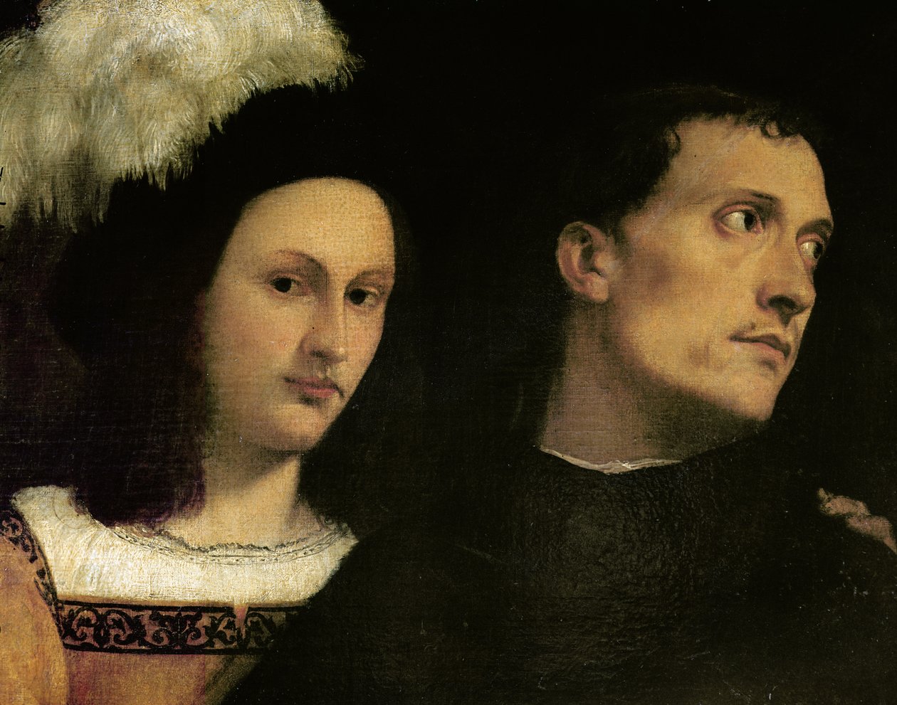 En konsert (detalj av hodet til spinetspilleren og en ung godseier med en fjærkledd hatt), ca. 1510 av Tiziano Vecelli