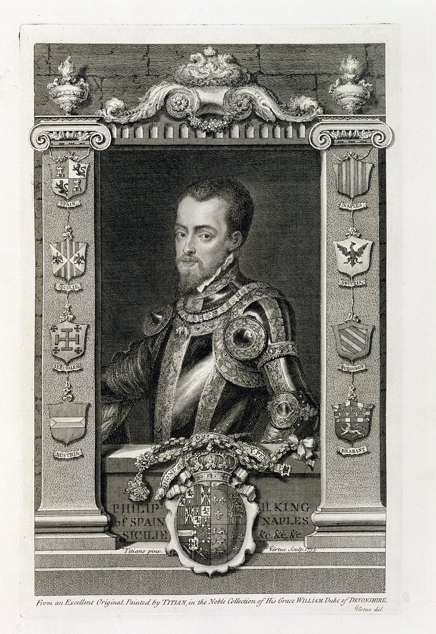 Philip II (1527-98) konge av Spania fra 1556, gravert av George Vertue (1684-1756) 1735 av Tiziano Vecelli
