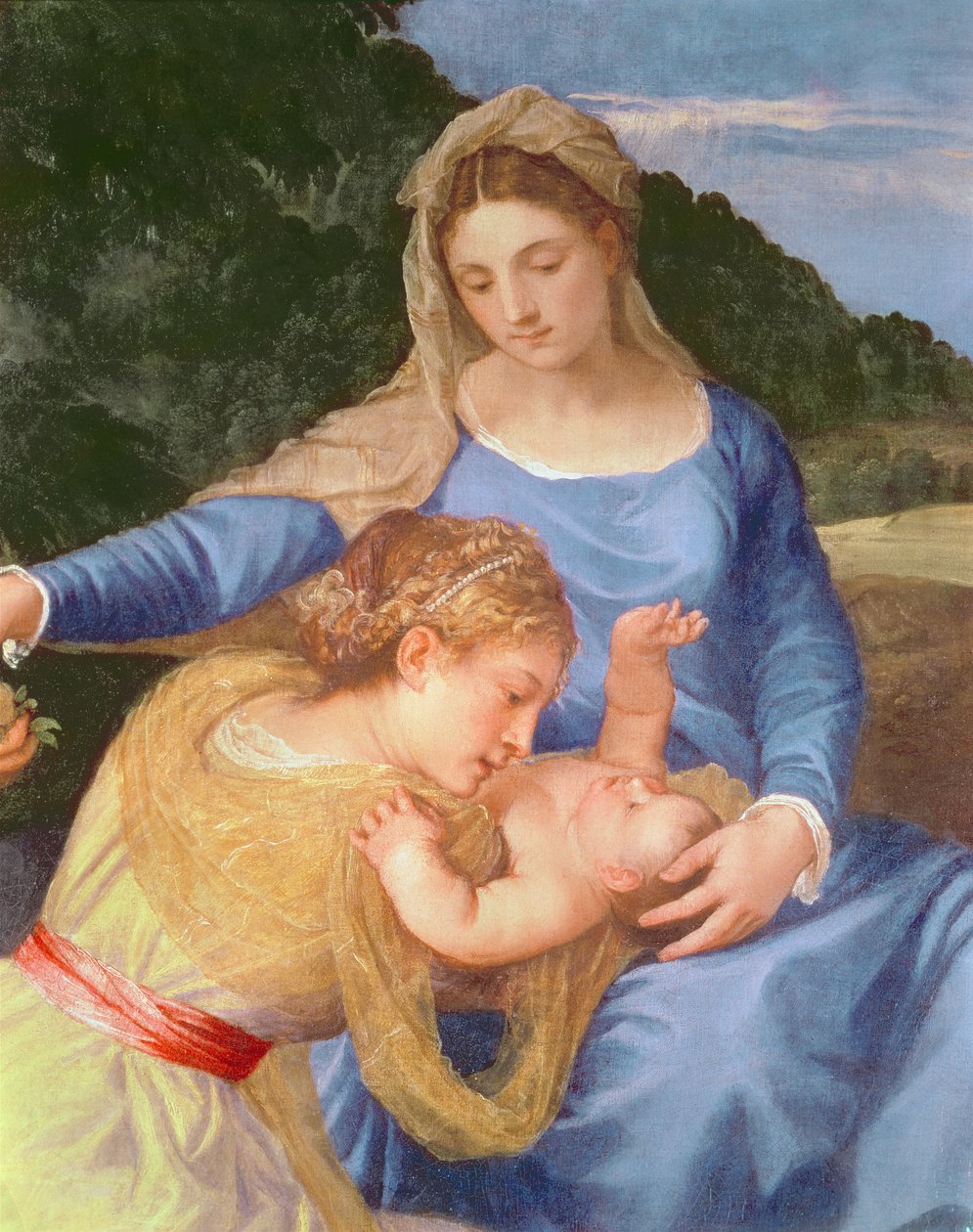 Jomfruen og barnet med døperen Johannes og en kvinnelig helgen, detalj av jomfruen, Kristusbarnet og kvinnelig helgen, ca. 1530-35 olje på lerret av Tiziano Vecelli