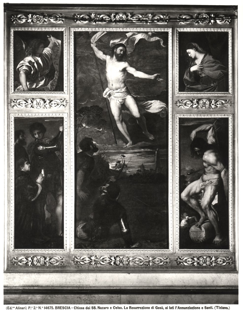 Averoldi Polyptych som skildrer Kristi oppstandelse, kunngjøringen, SS Nazarius og Celsus med Averoldi og Sebastians martyrium, 1522 av Tiziano Vecelli