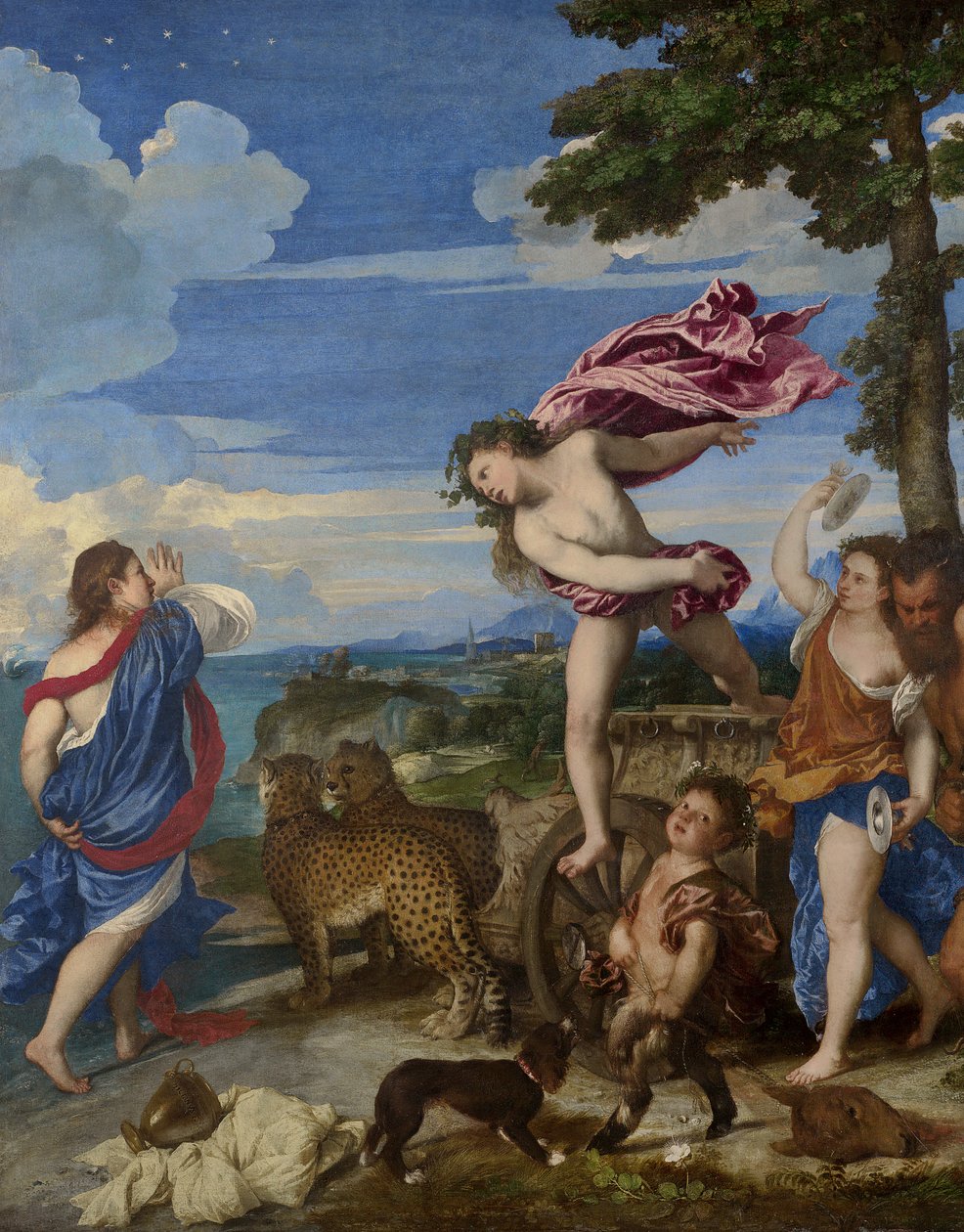 Bacchus og Ariadne, 1520-23 (forhåndsrestaurering) (detalj av 273110) av Tiziano Vecelli