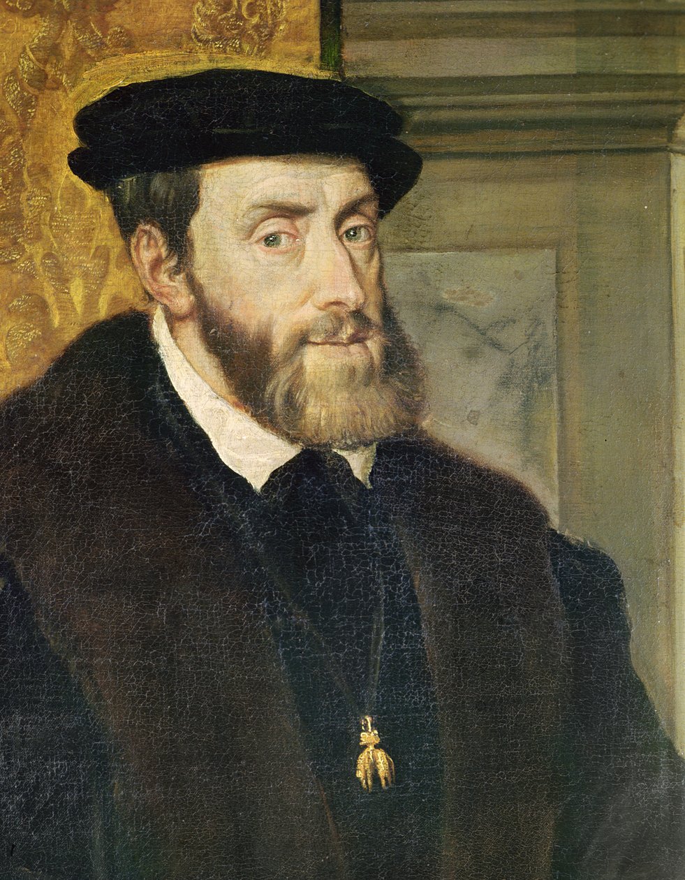 Detalj av sittende portrett av keiser Charles V (1488-1576) 1548 (se 158620) av Tiziano Vecelli