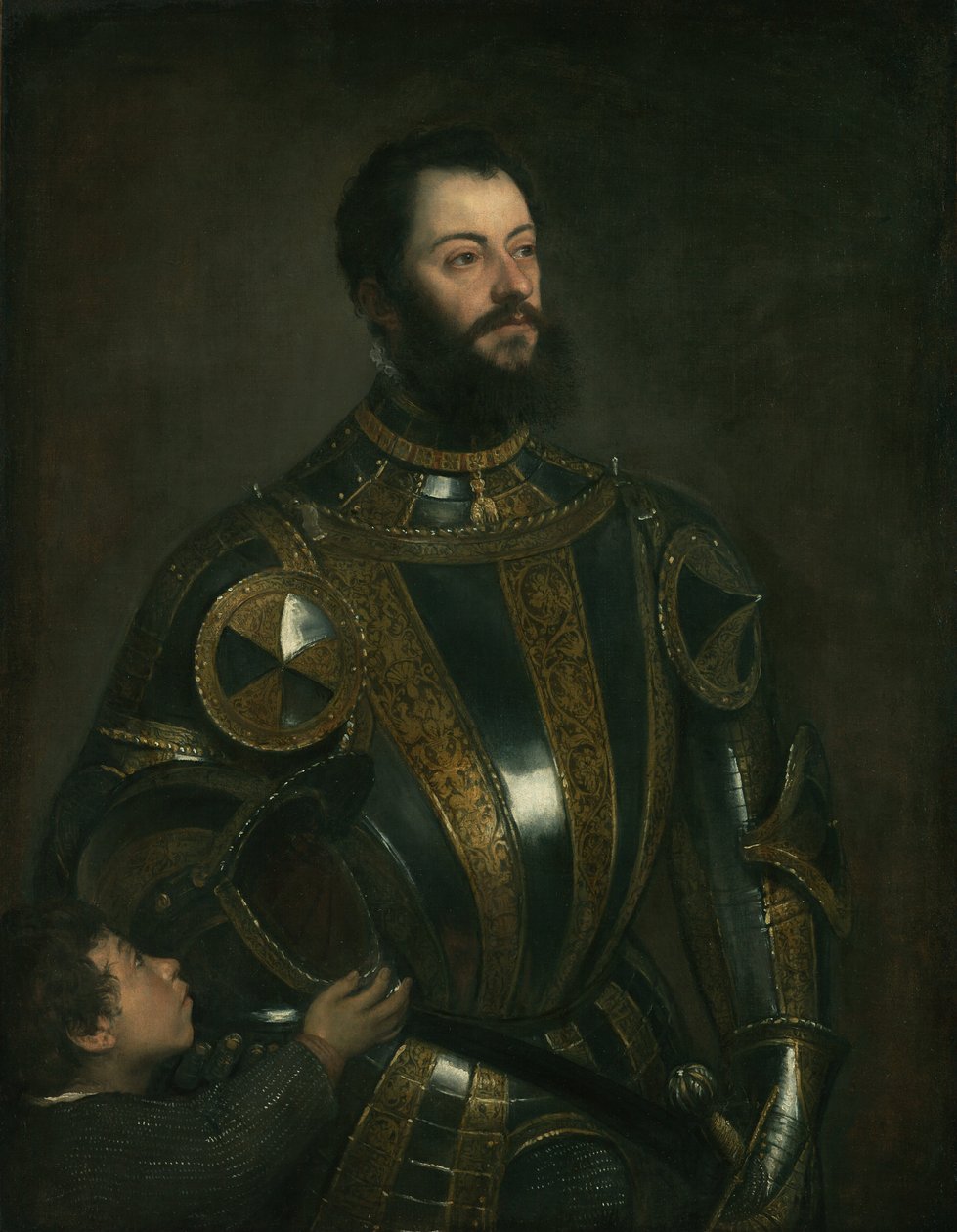Portrett av Alfonso dAvalos, markisen av Vasto, i rustning med en side av Tiziano Vecelli
