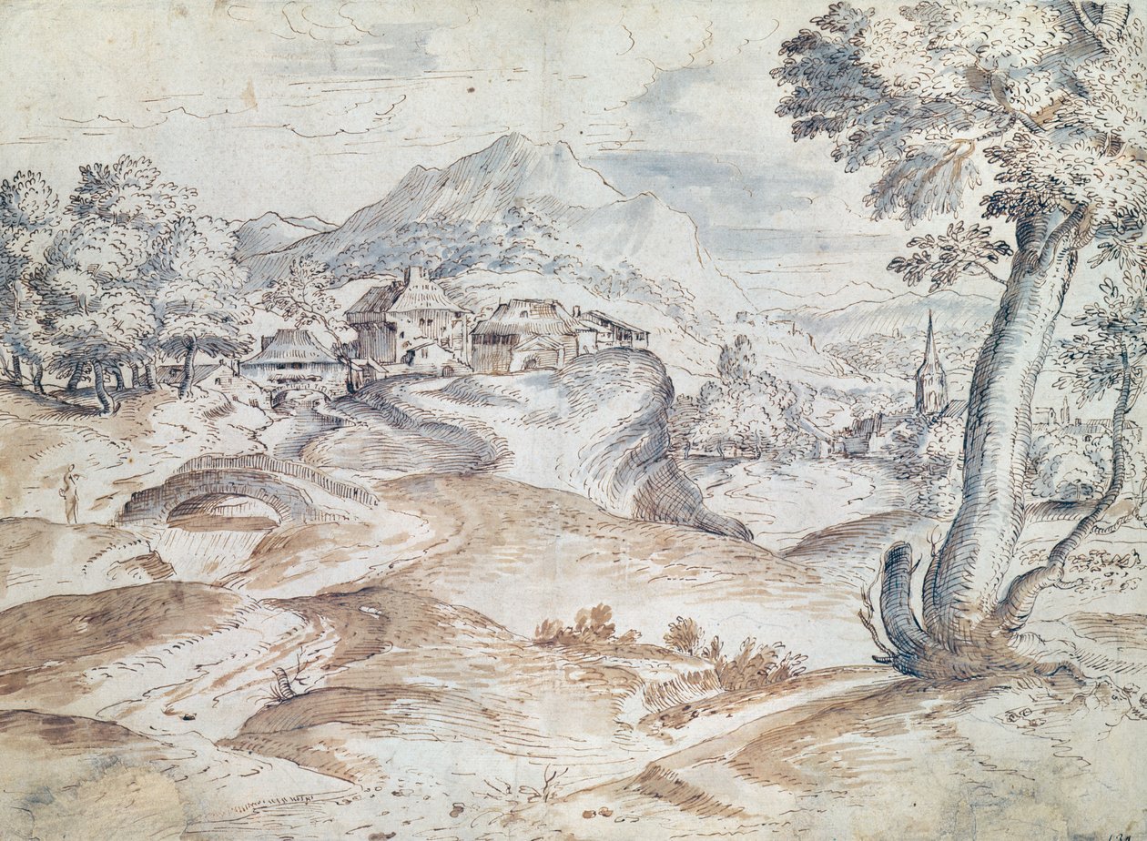 Skoglandskap med landsby og kirke (vask og blekk på papir) av Tiziano Vecelli