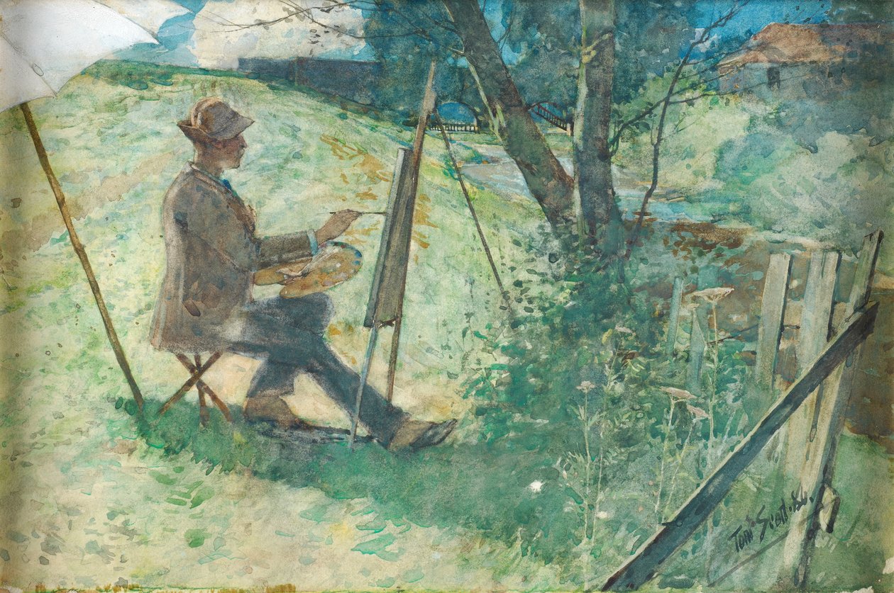 Artist Painting by a Burn, 1886 (wc med forhøyning på papir) av Tom Scott