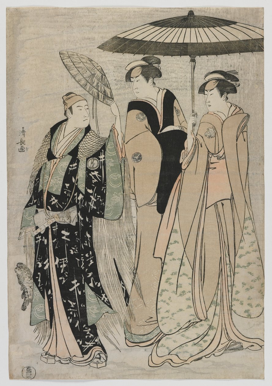 Skuespillerne Sujuro III som Minamoto no Yoritomo, Nakamura Riko som Kiyotaki, Yamashita Mangiku som Masa, Edo-perioden, 1784 (farget treblokktrykk) av Torii Kiyonaga