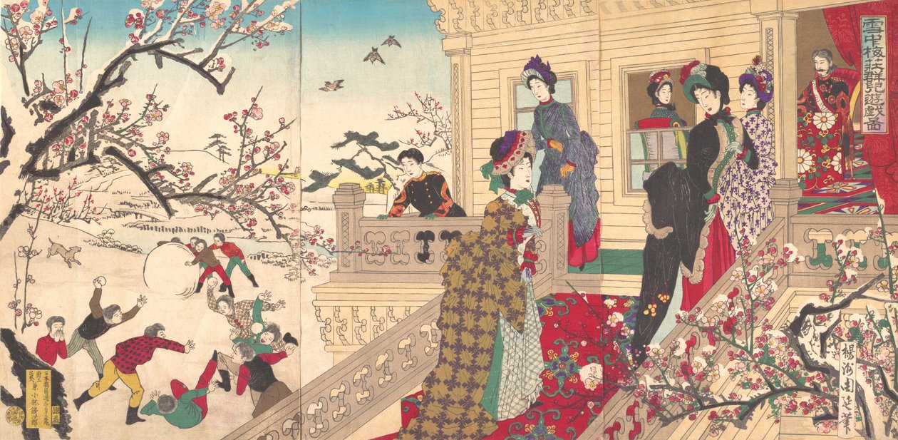 Barn som leker i snøen under blomstrende plommetrær, 1887 (treblokktrykk) av Toyohara Chikanobu