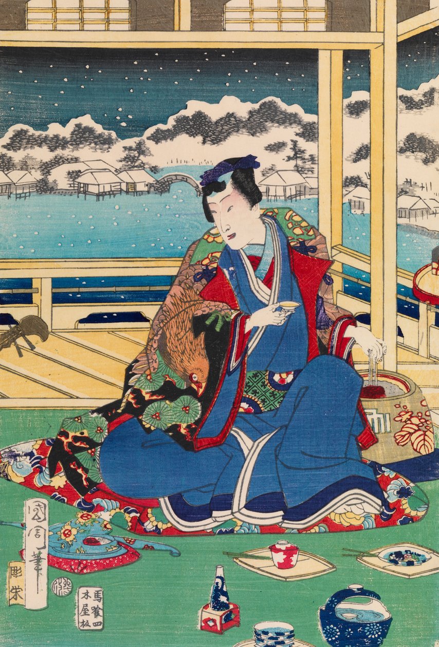 Genji ser på snø fra en balkong av Toyohara Kunichika