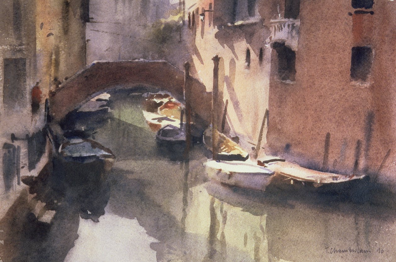 A Quiet Canal in Venezia, 1990 (wc på papir) av Trevor Chamberlain