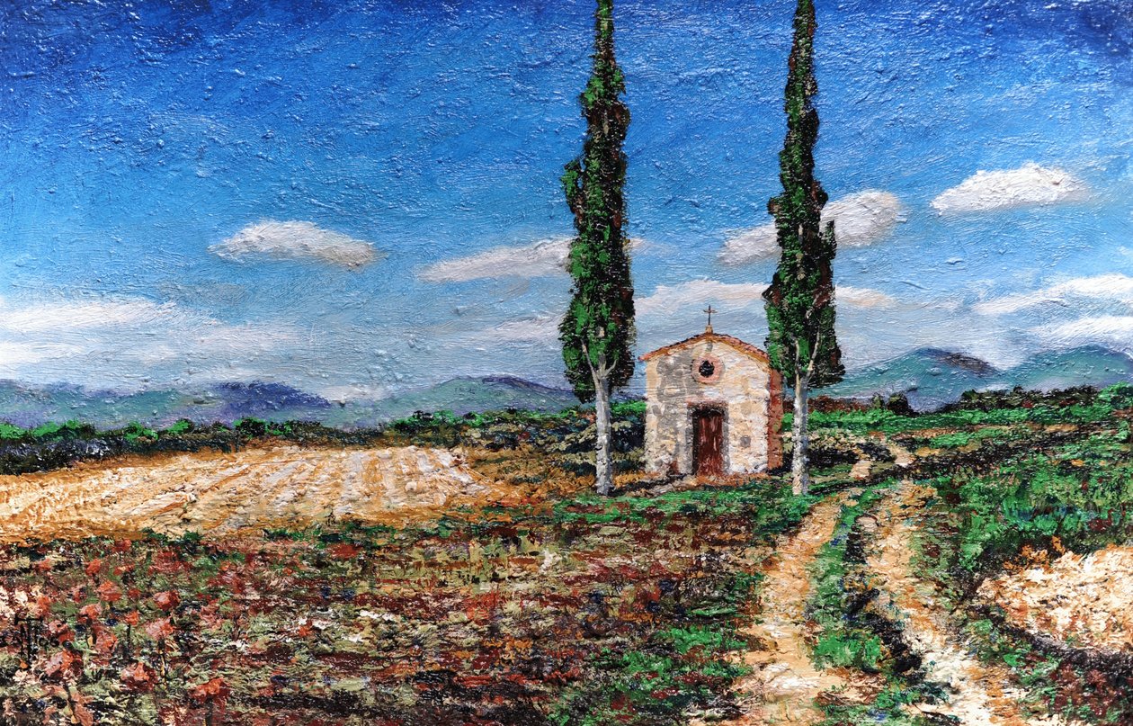 Kapell og to trær, Toscana, 2005 av Trevor Neal