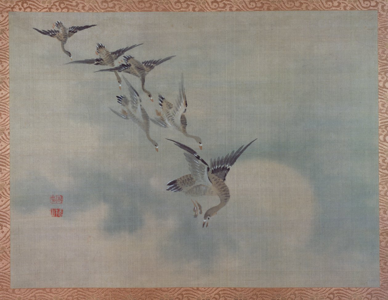 Flying Ducks, 1851 (akvarell på silke) av Tsubaki Chinzan