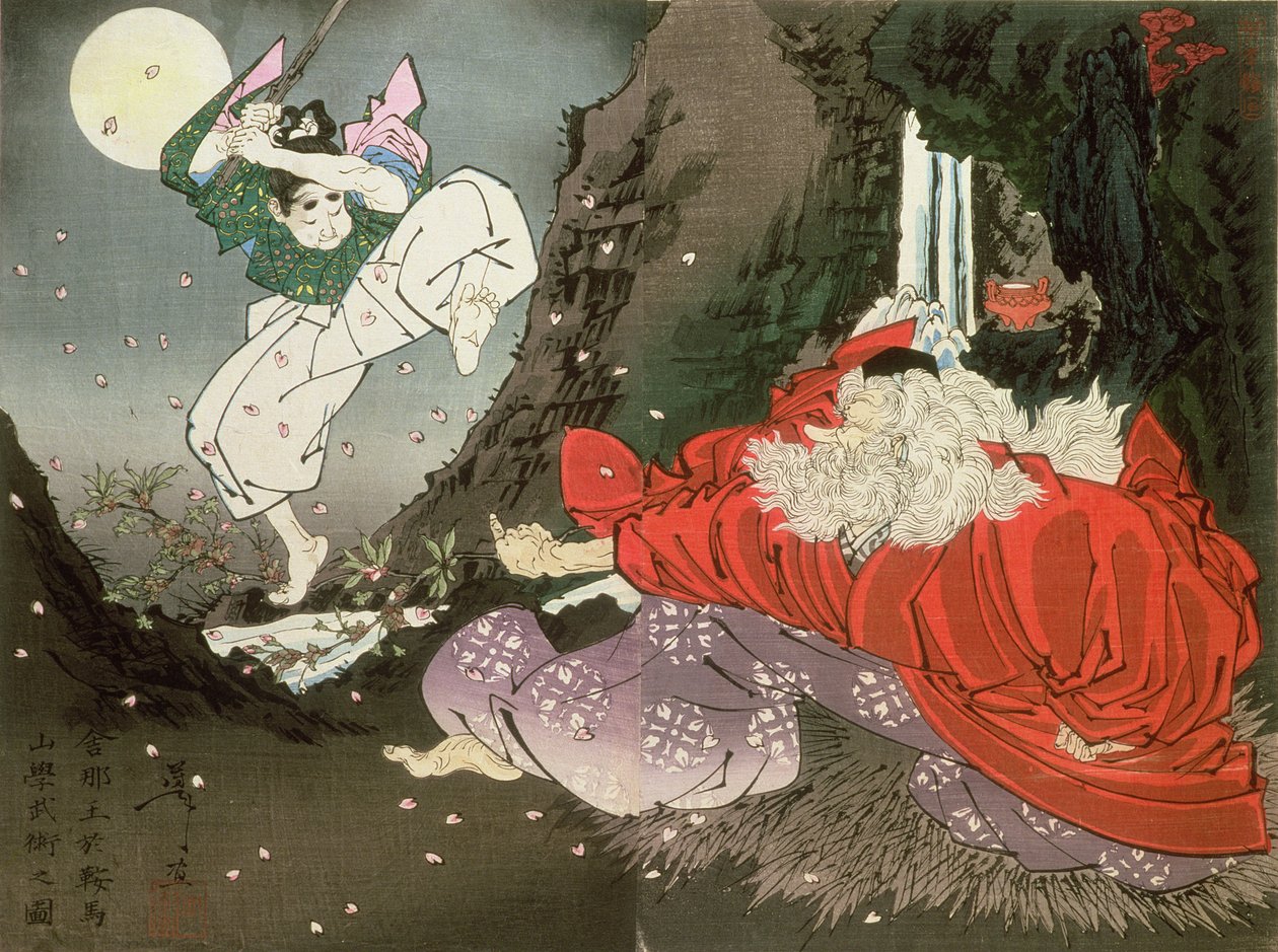 Yoshitsune and the Tengu King, (farget treblokktrykk) av Tsukioka Yoshitoshi