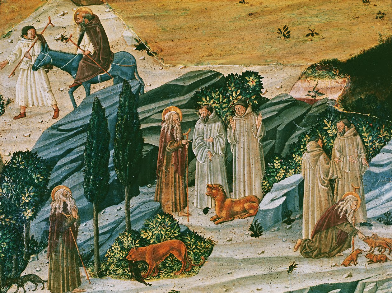 Saint Gerasimus i Thebaid-ørkenen med løven han temmet ved å fjerne en torn fra poten, ca. 1440 (tempera på panel) av Tuscan School