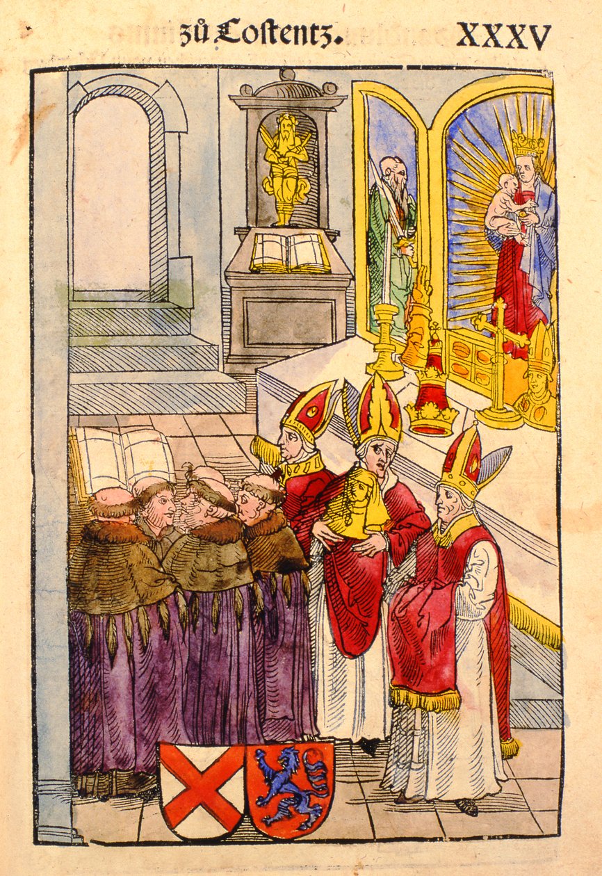 En scene fra The Council of Constance, fra 'Chronik des Konzils von Konstanz' av Ulrich von Richental