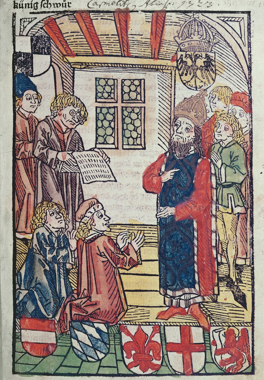 Romernes konge, Sigismund av Luxemburg, mottar hyllingen av hertug Frederick av Østerrike, 1483, (farget tresnitt) (se også 316982 og 336923) av Ulrich von Richental