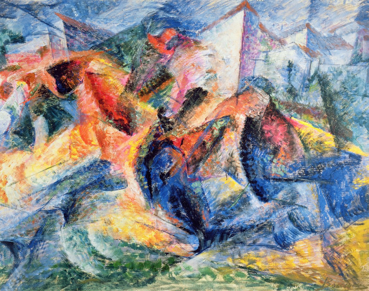Hest og rytter og bygninger, 1914 av Umberto Boccioni