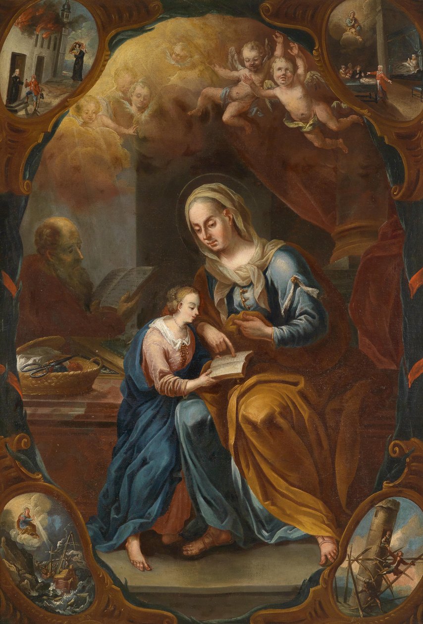 Saint Anne, som lærer Mary å lese, skildringer av mirakler i spandrels av Unbekannt Unbekannt
